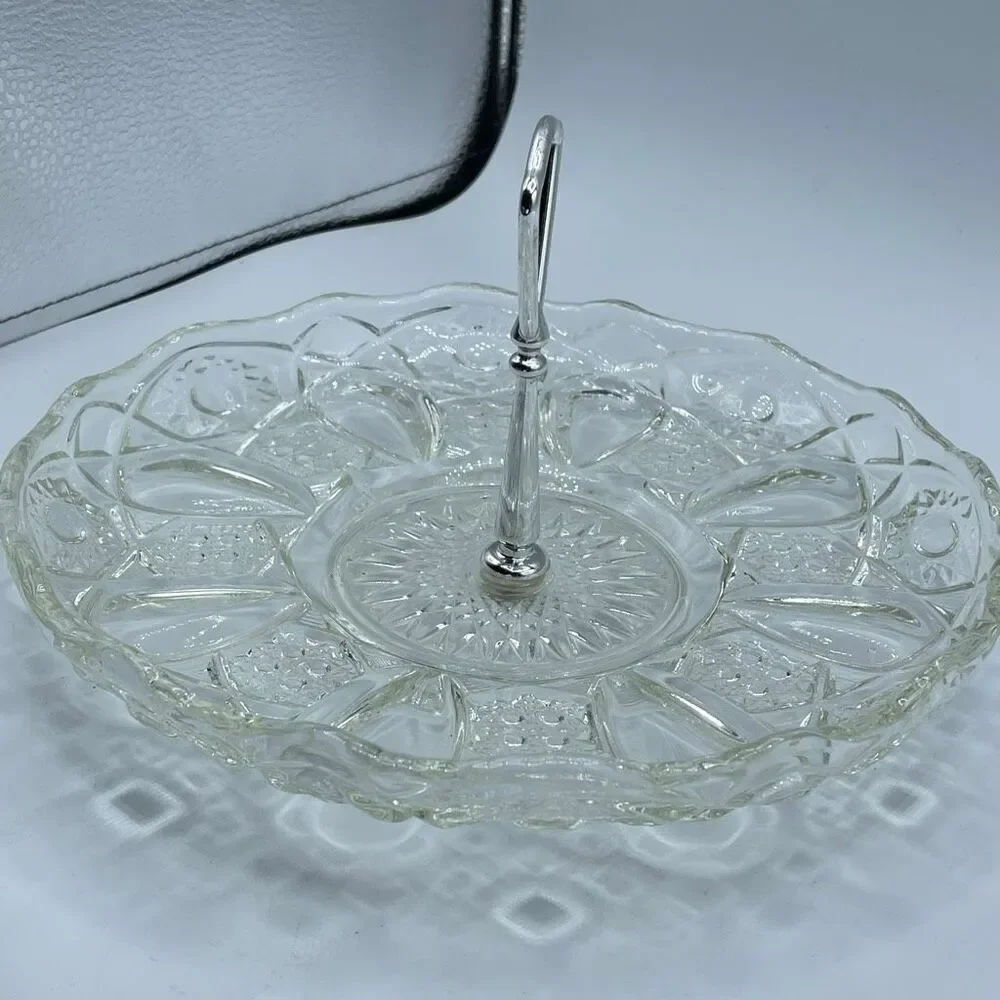 Fostoria Tiara glass single-tier serving tray scalloped edge silver colored hand